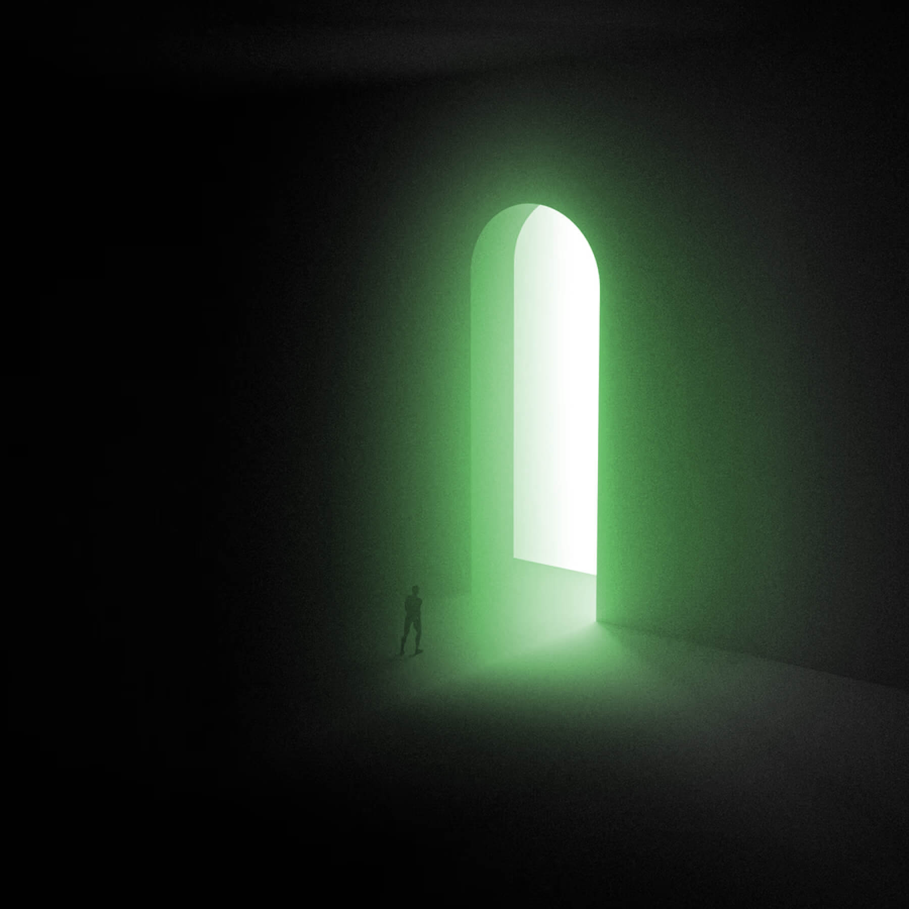 Person entering green doorway
