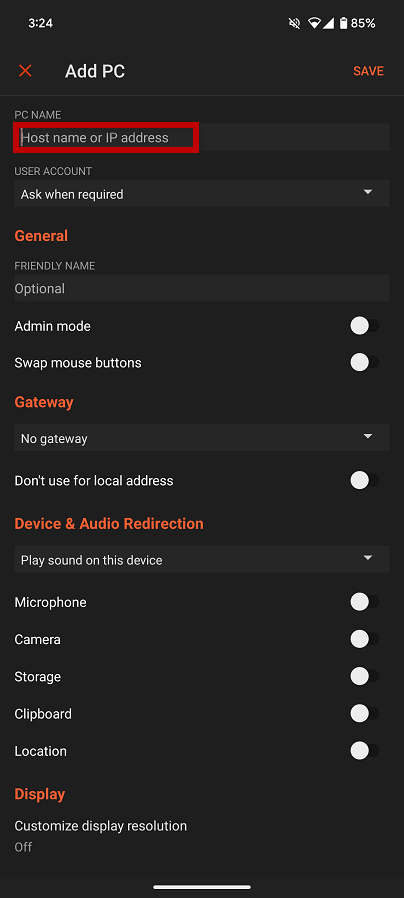Tutorial de RDP no Android 10, nome do host ou IP