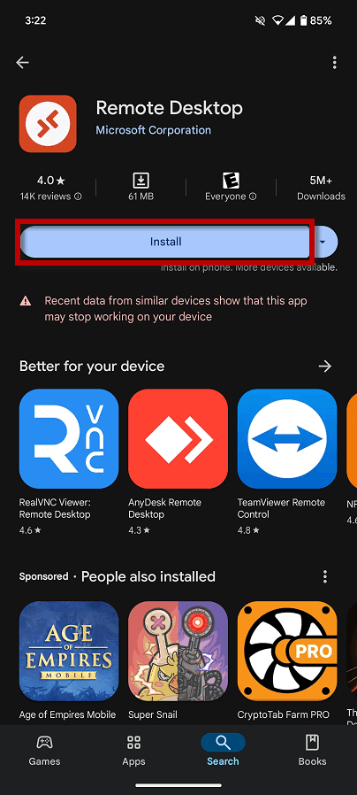 Tutorial de RDP no Android, botão de instalação