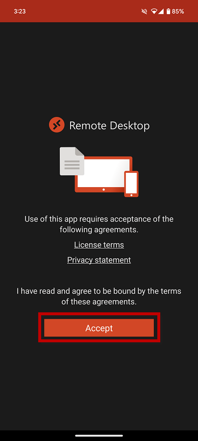 Tutorial de RDP no Android 7, botão de aceitar do RDP