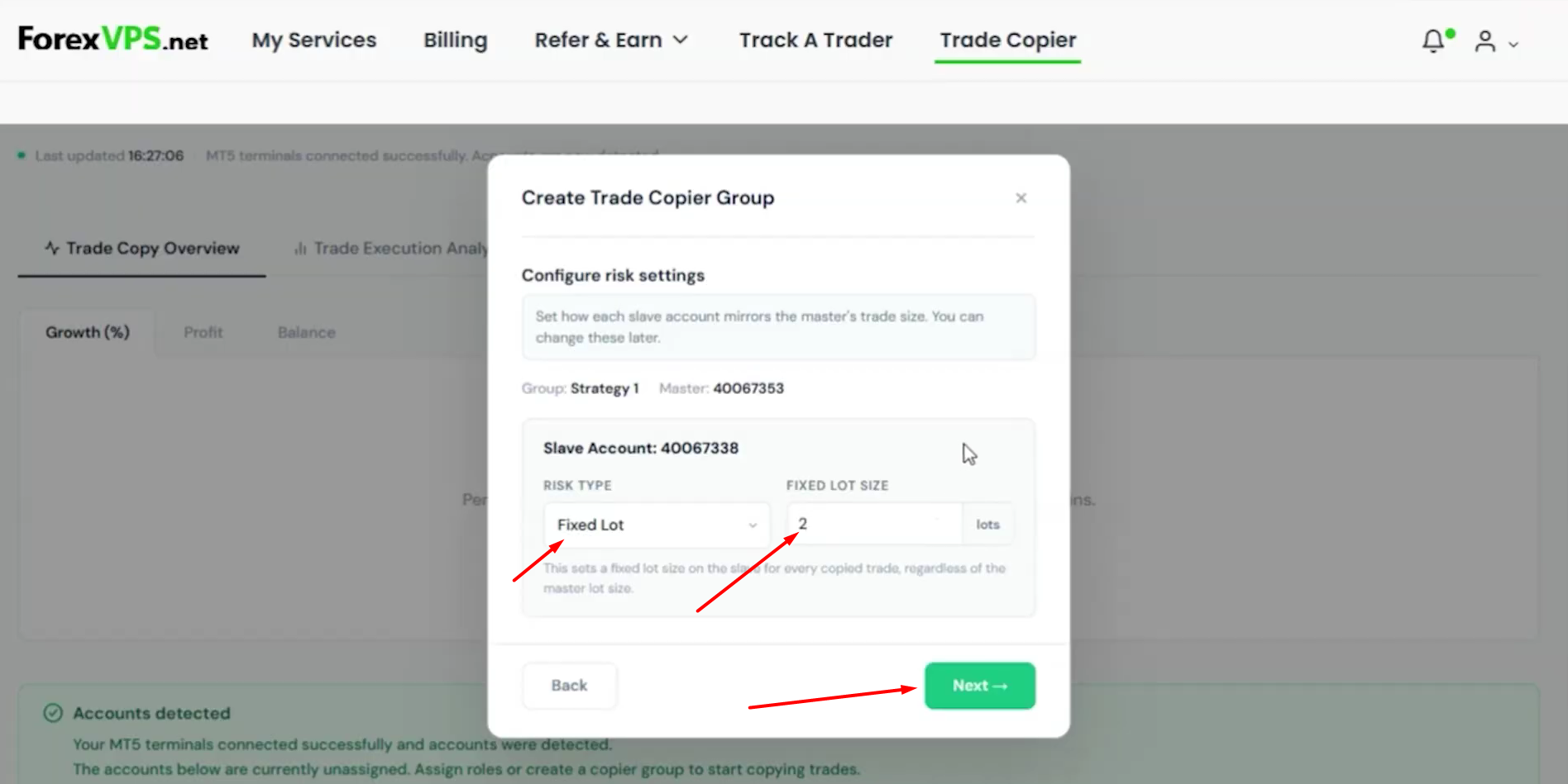 Etapa de configurações de risco em Create Trade Copier Group com o tipo de risco Fixed Lot e o tamanho do lote inserido