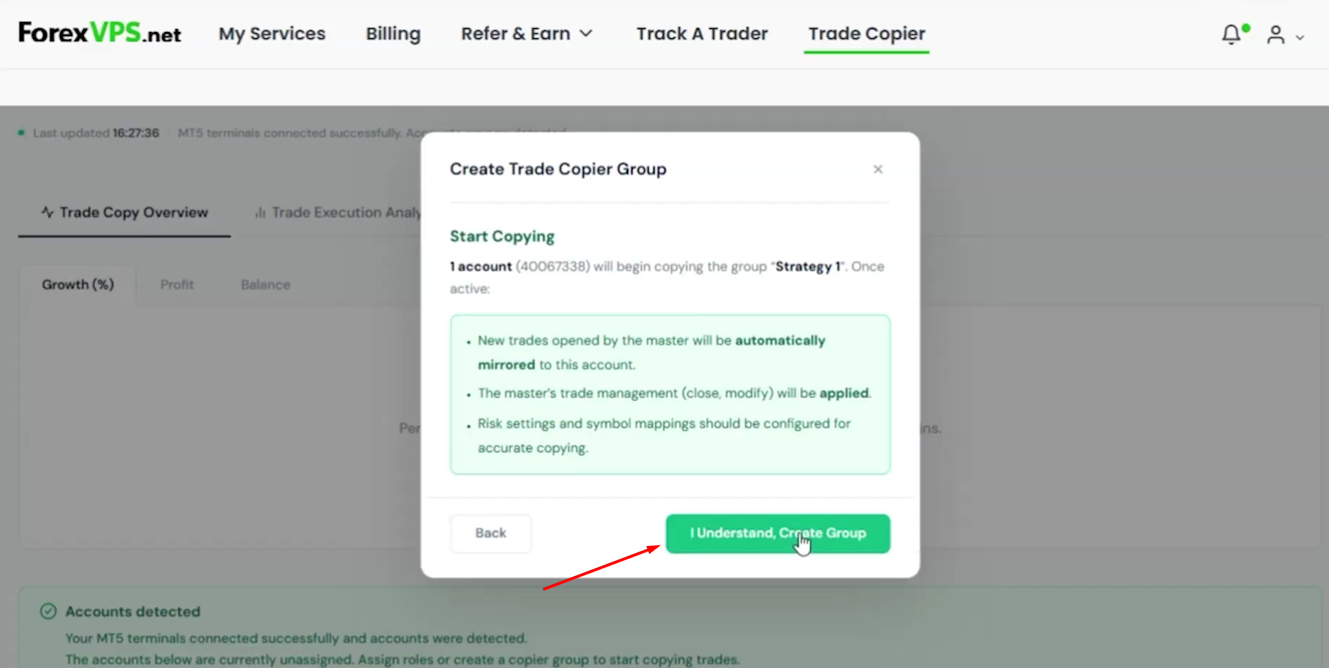 Etapa de confirmação em Create Trade Copier Group com o botão I Understand, Create Group destacado