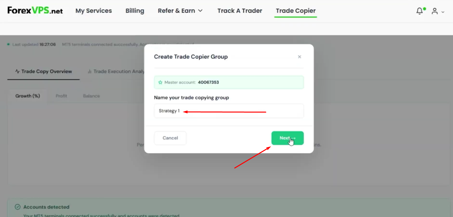 Janela Create Trade Copier Group com o campo de nome do grupo e botão Next