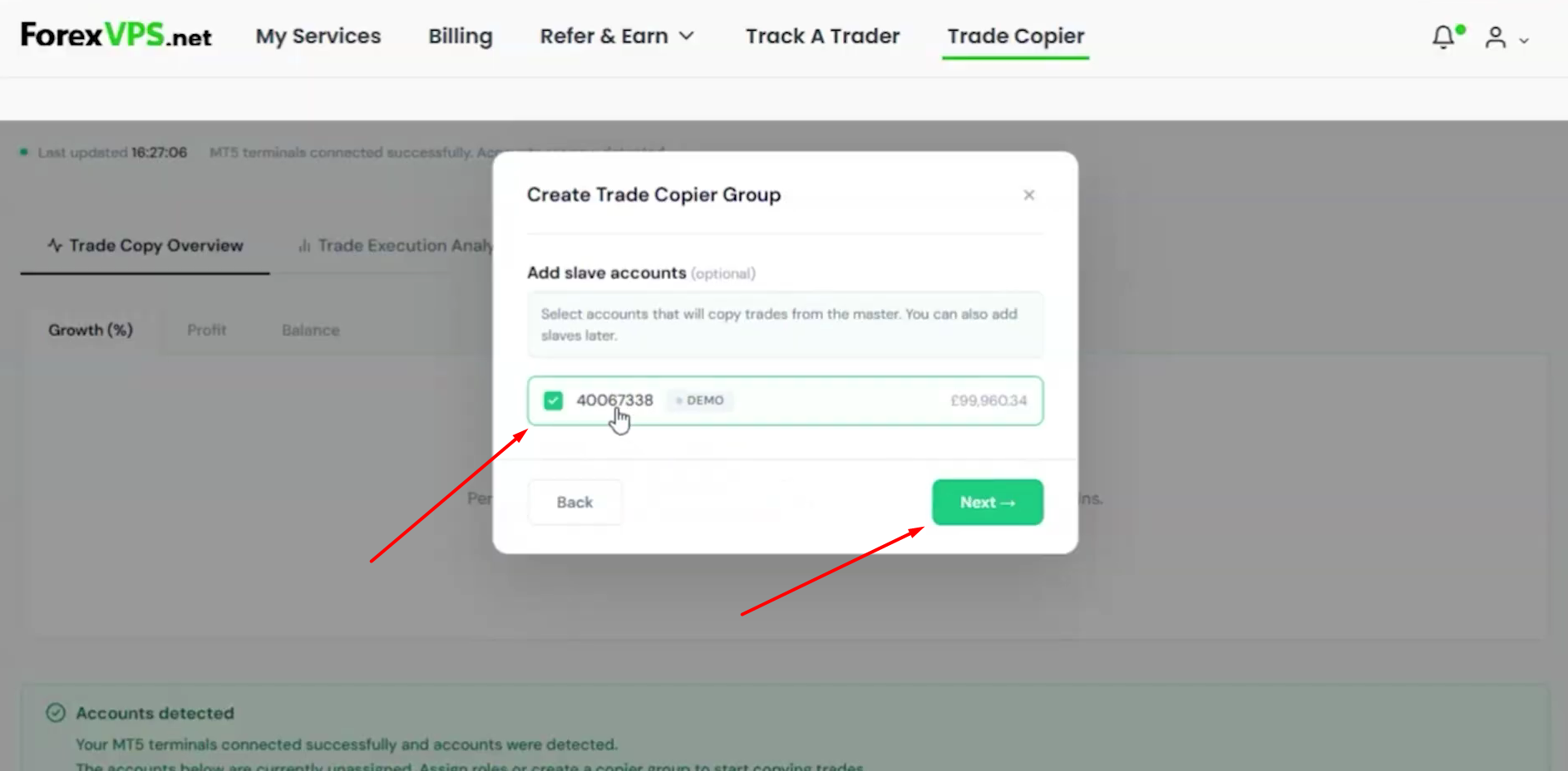 Janela Create Trade Copier Group com a caixa de seleção de subconta marcada e botão Next destacado