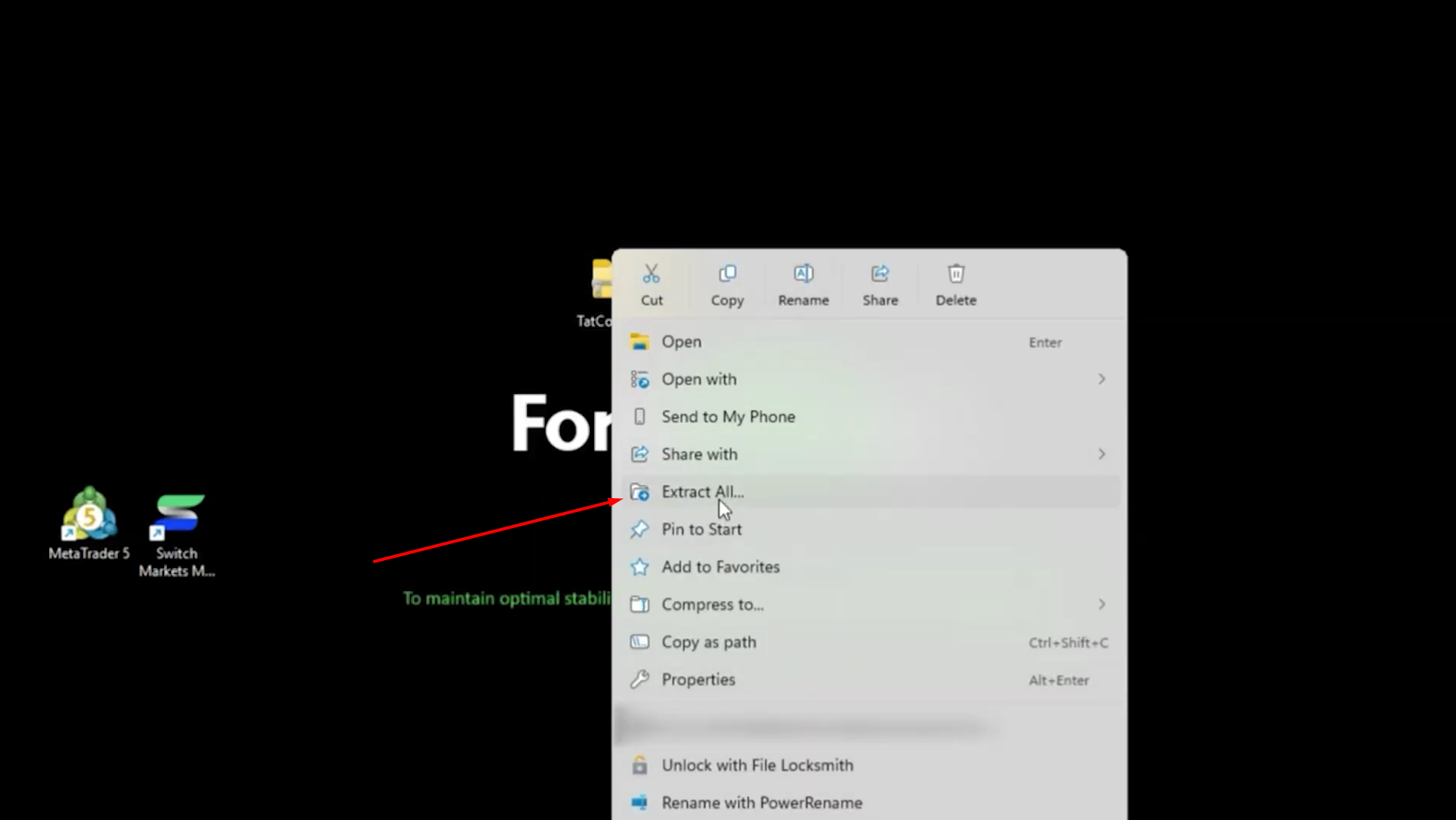 Menu de contexto de clique com o botão direito no arquivo TatCopier.zip com a opção Extrair tudo destacada