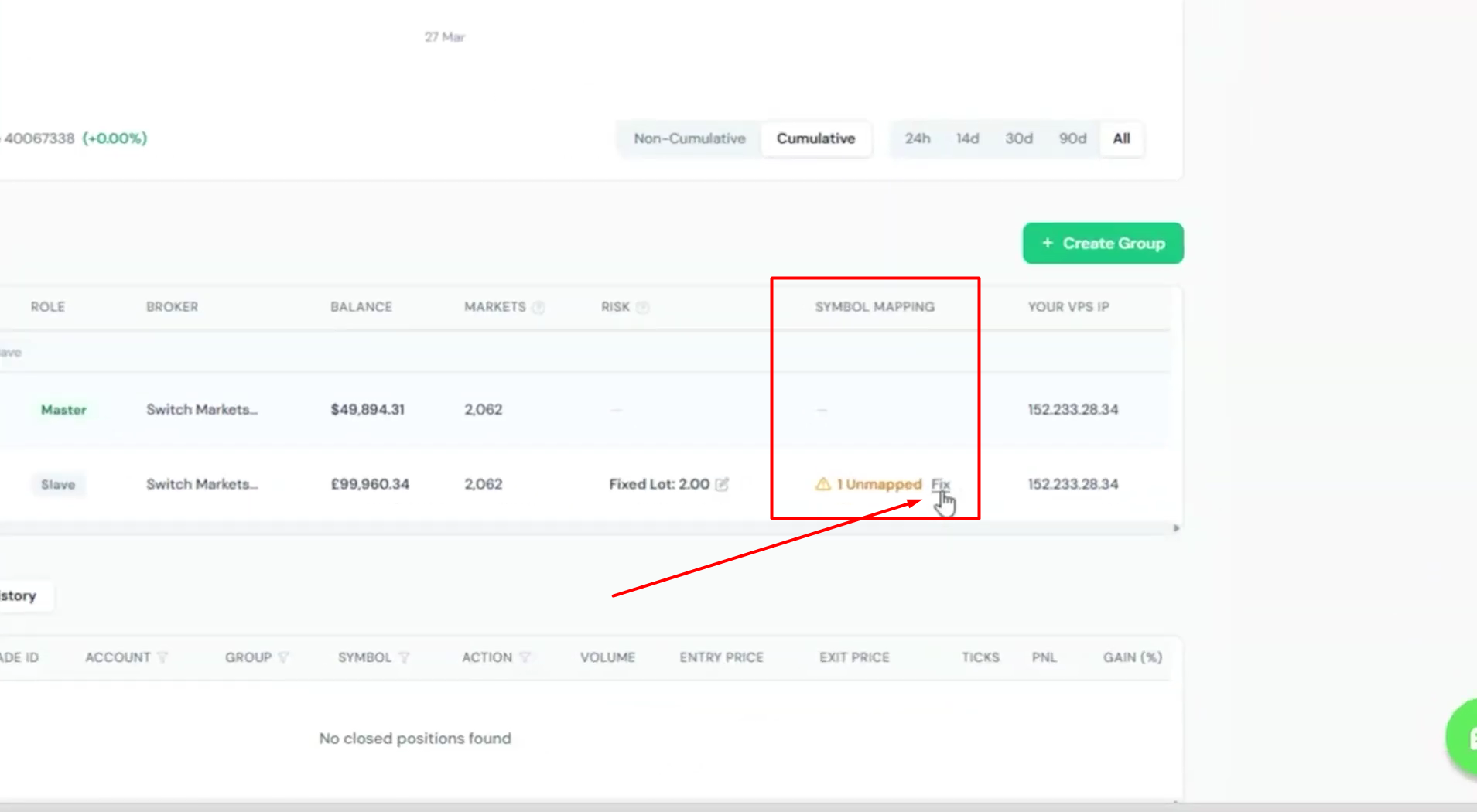 Tabela de contas da ForexVPS com aviso de símbolo não mapeado e link Fix destacado