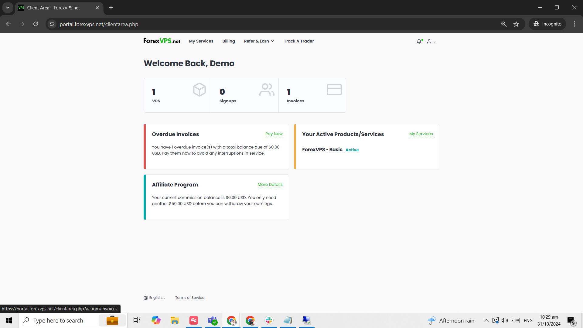 Painel da área do cliente da ForexVPS com o menu Billing