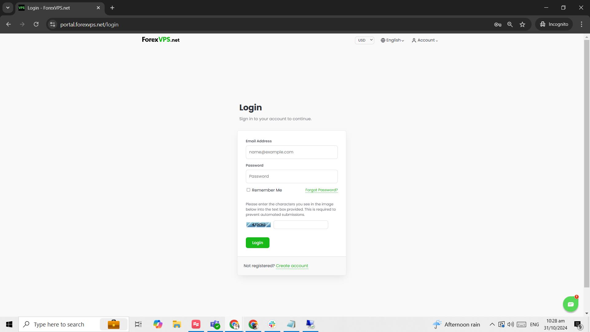 Página de login da Área do Cliente da ForexVPS com campos de e-mail, senha e captcha