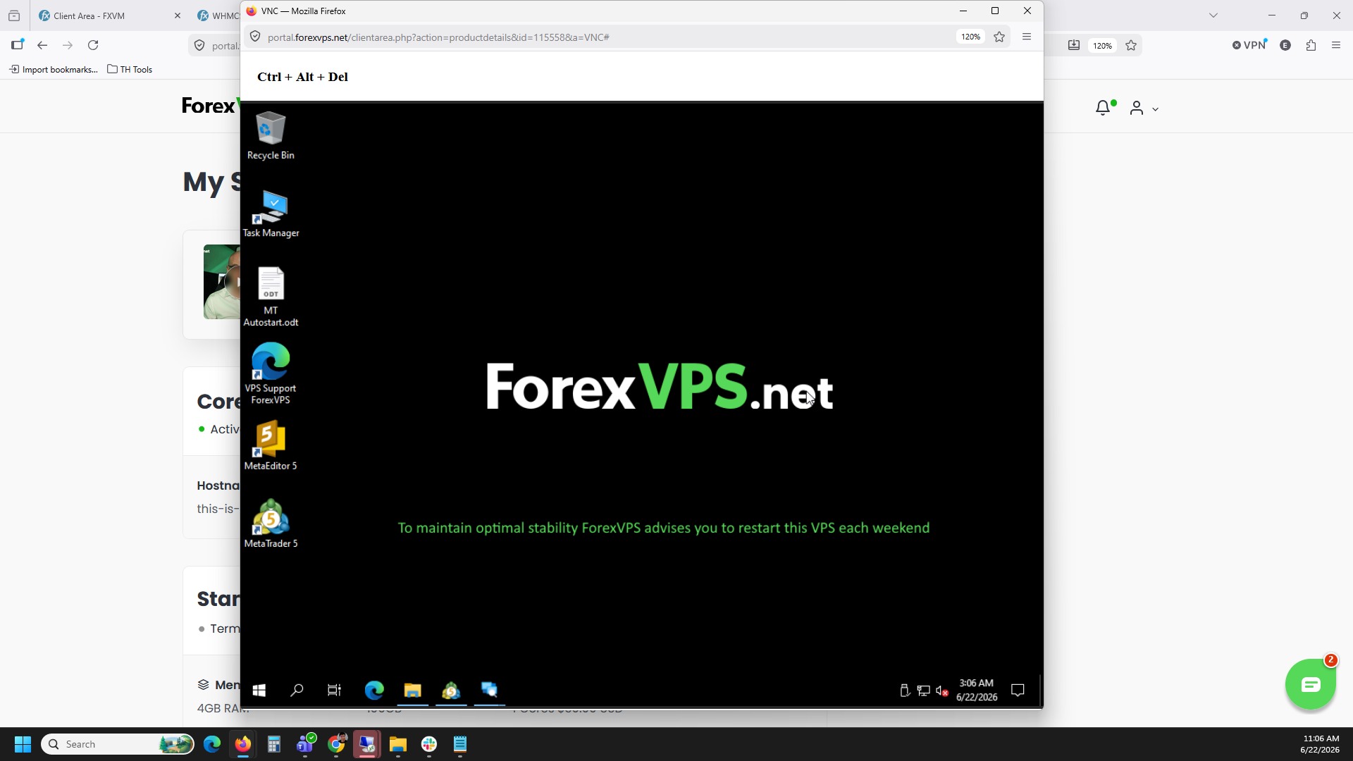 Área de trabalho da ForexVPS exibida após login bem-sucedido via VNC