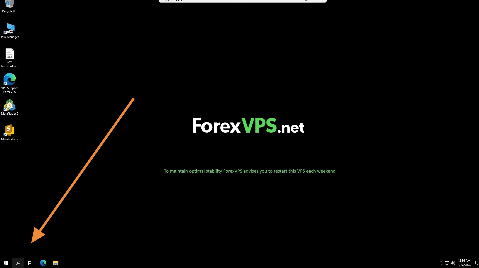 Área de trabalho do VPS da ForexVPS com o ícone do menu de pesquisa destacado