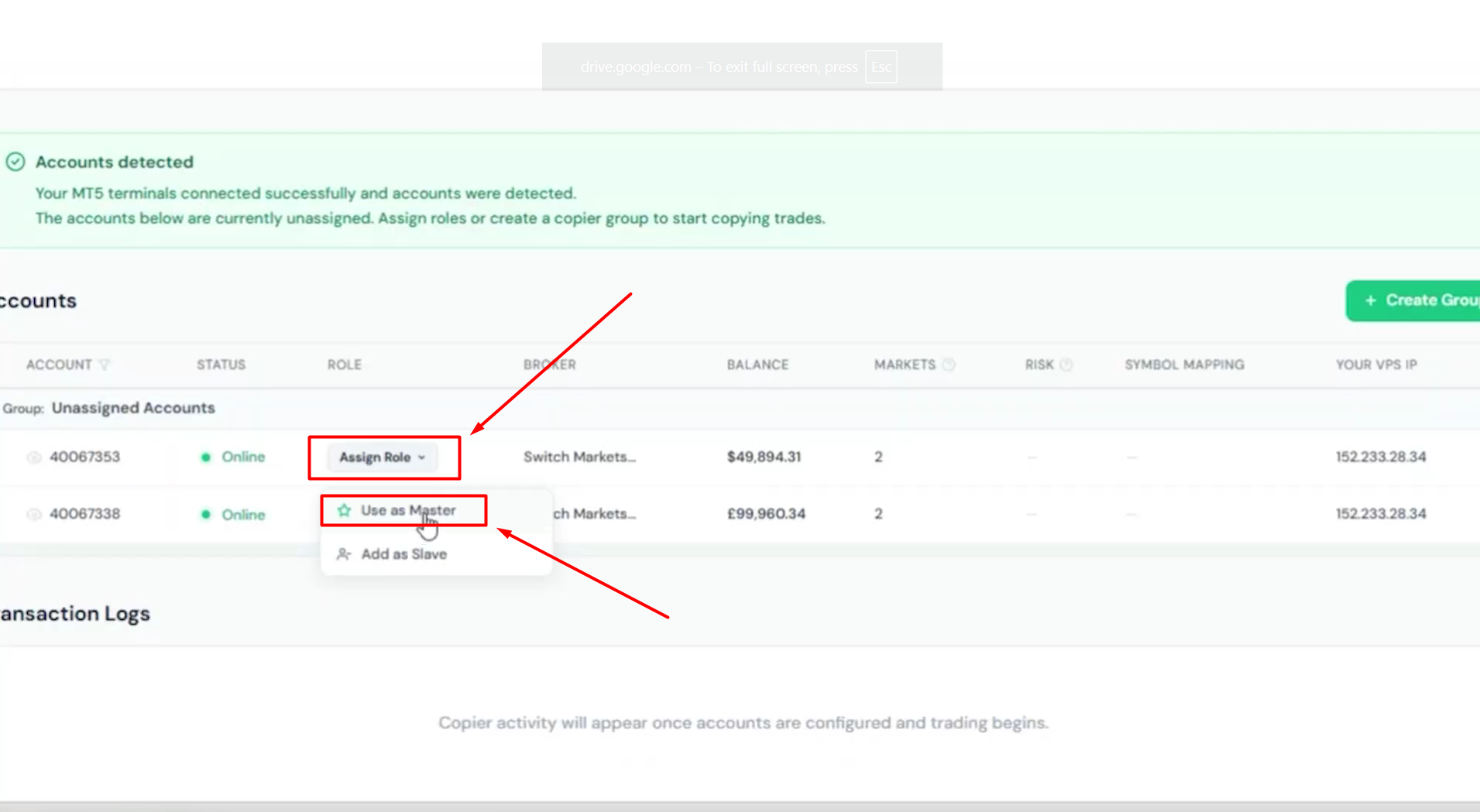 Painel do Trade Copier da ForexVPS com a mensagem Accounts detected e menu suspenso Assign Role exibindo as opções Use as Master e Add as Slave