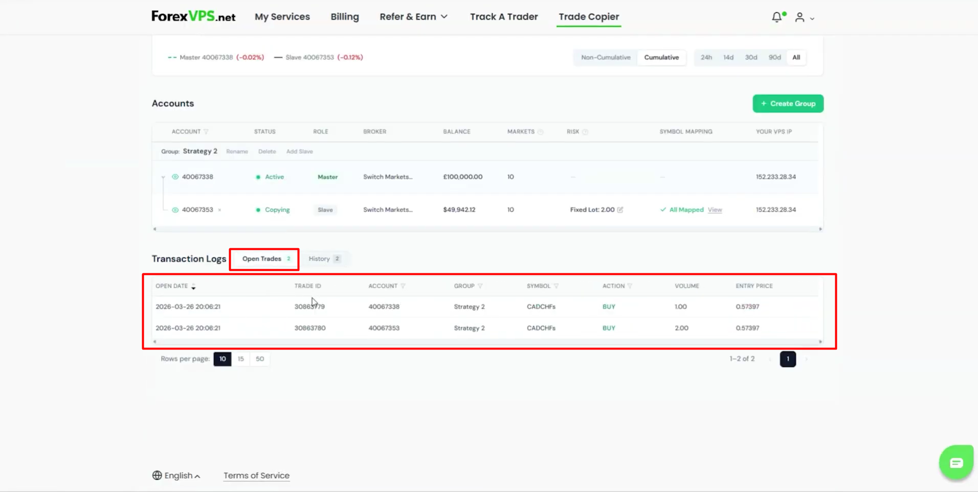 Aba Open Trades em Transaction Logs da ForexVPS mostrando operações correspondentes na conta principal e na subconta