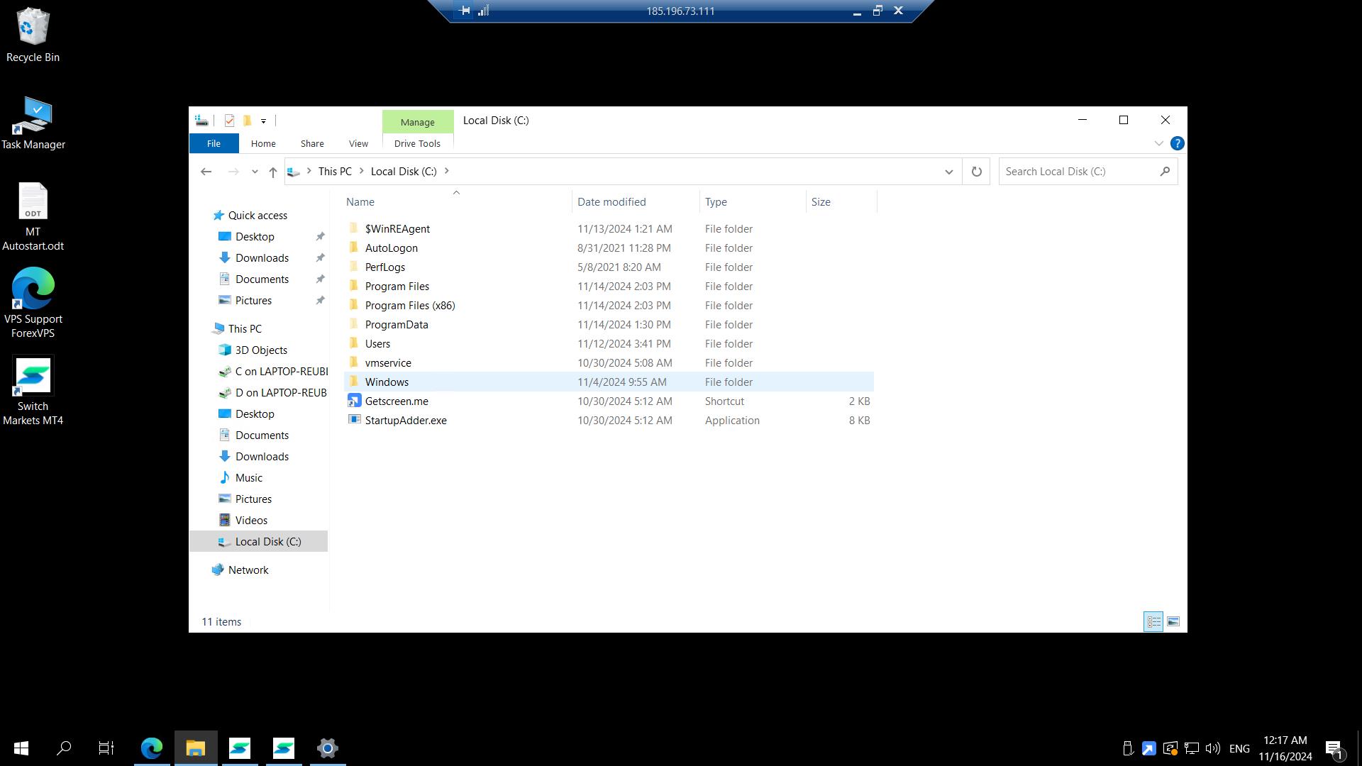 Lista de arquivos do Disco Local C com a pasta Windows destacada