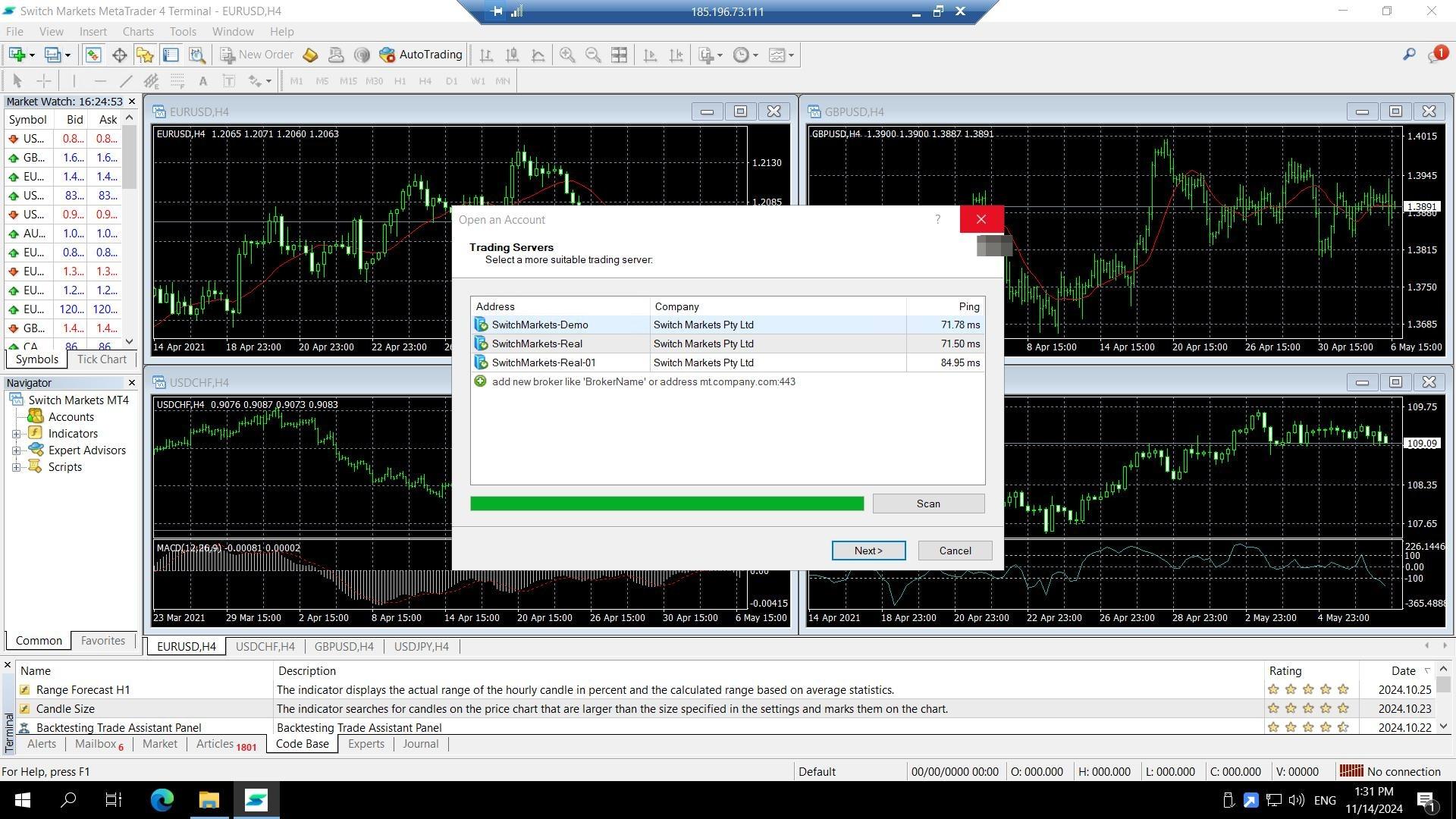 Plataforma MetaTrader 4 aberta com a janela de login dos servidores de negociação
