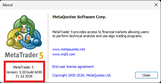 Janela Sobre do MetaTrader 5 mostrando o número do build instalado