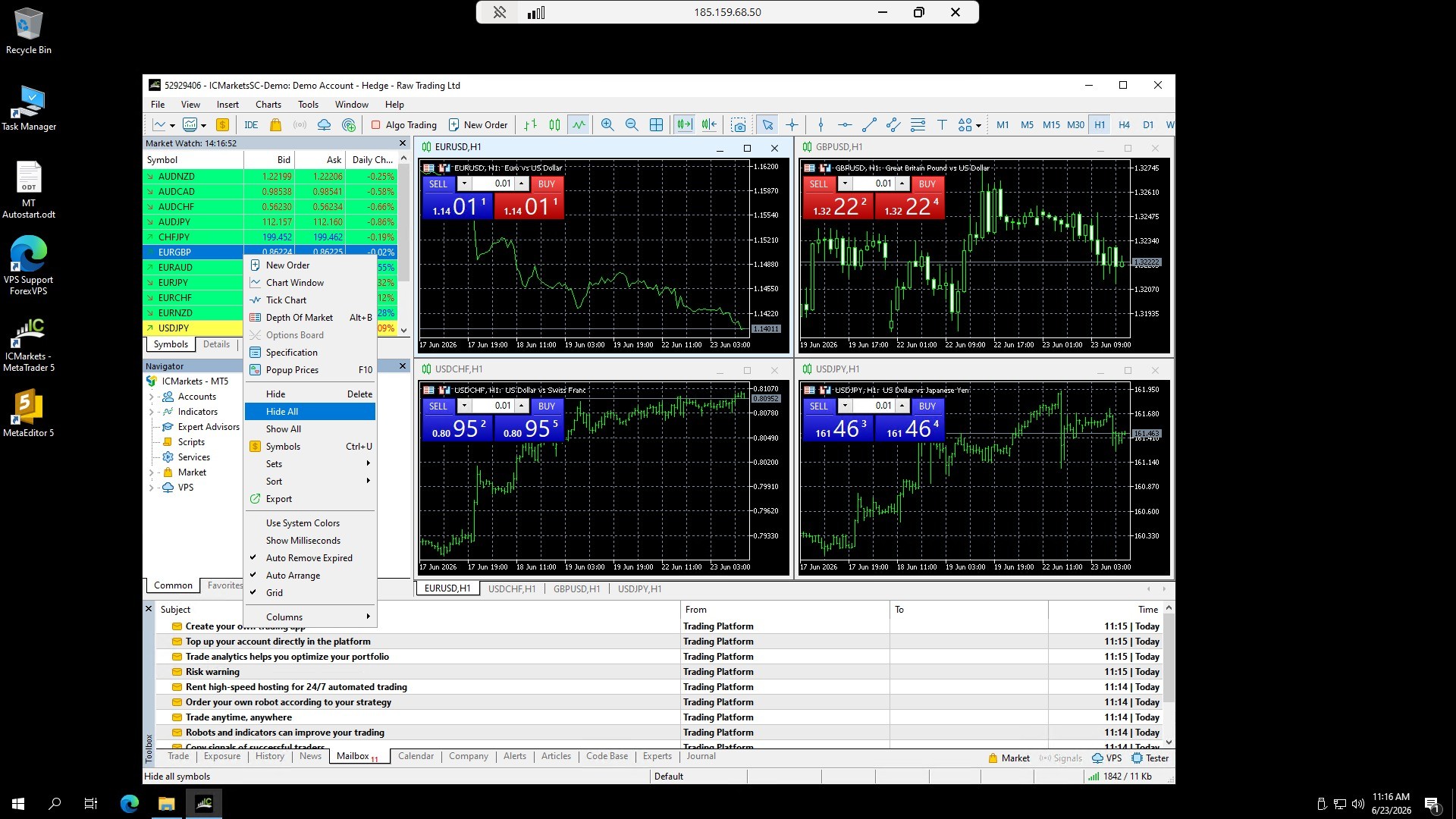 Menu de clique com o botão direito do Market Watch no MetaTrader 5 com Hide All destacado