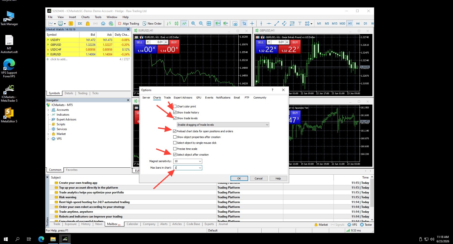Aba Charts da janela Options no MetaTrader 5 com opções desmarcadas e Max bars definida em 1