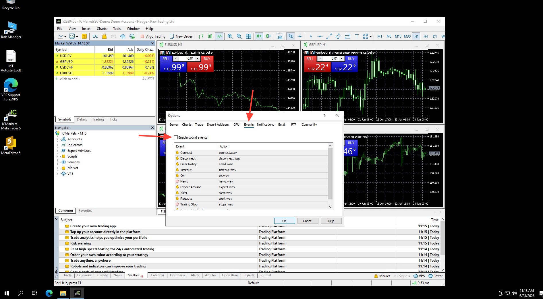 Aba Events da janela Options no MetaTrader 5 com Enable sound events desmarcado