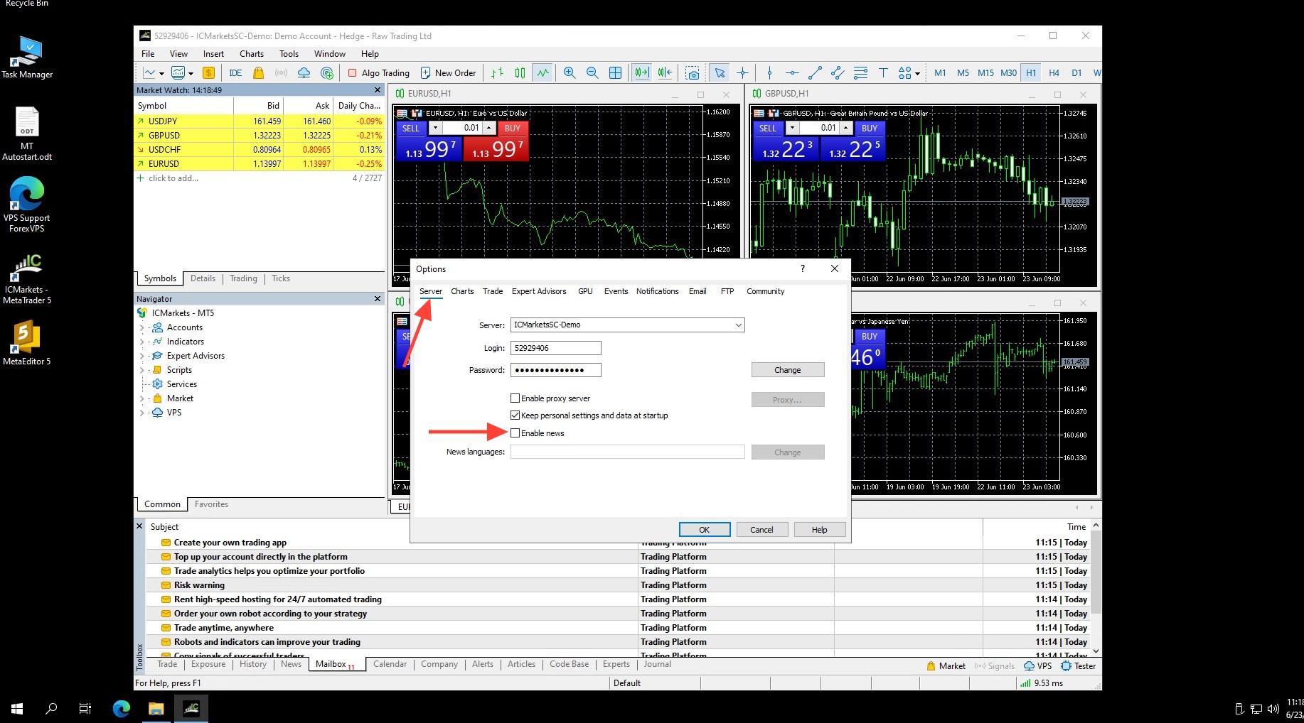 Aba Server da janela Options no MetaTrader 5 com Enable news desmarcado