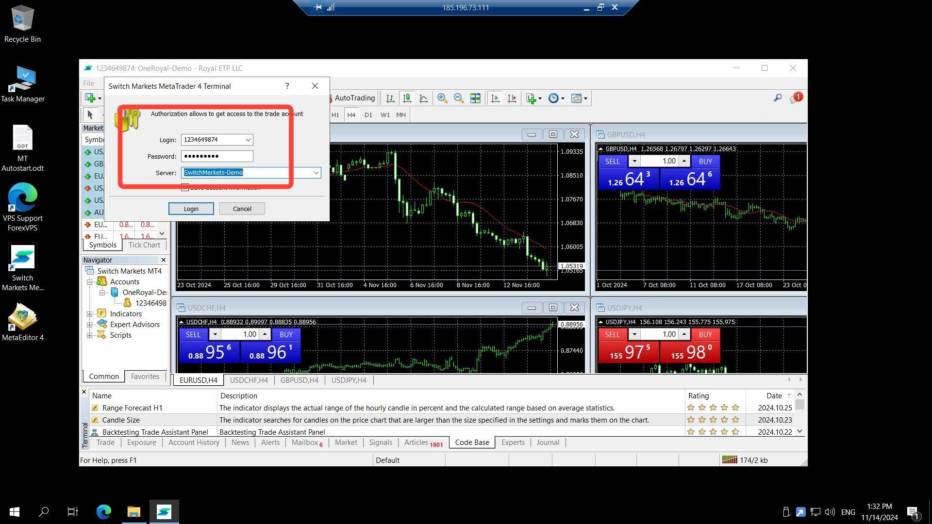 Janela de login do MetaTrader com as credenciais da conta