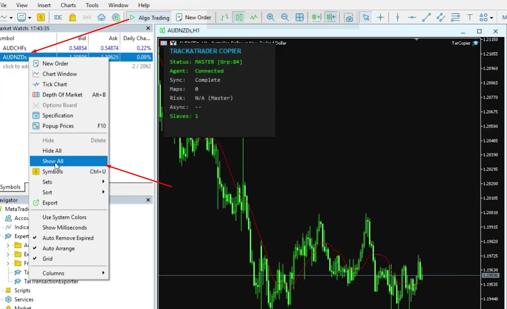 Menu de clique com o botão direito na Observação do Mercado do MetaTrader 5 com a opção Show All destacada