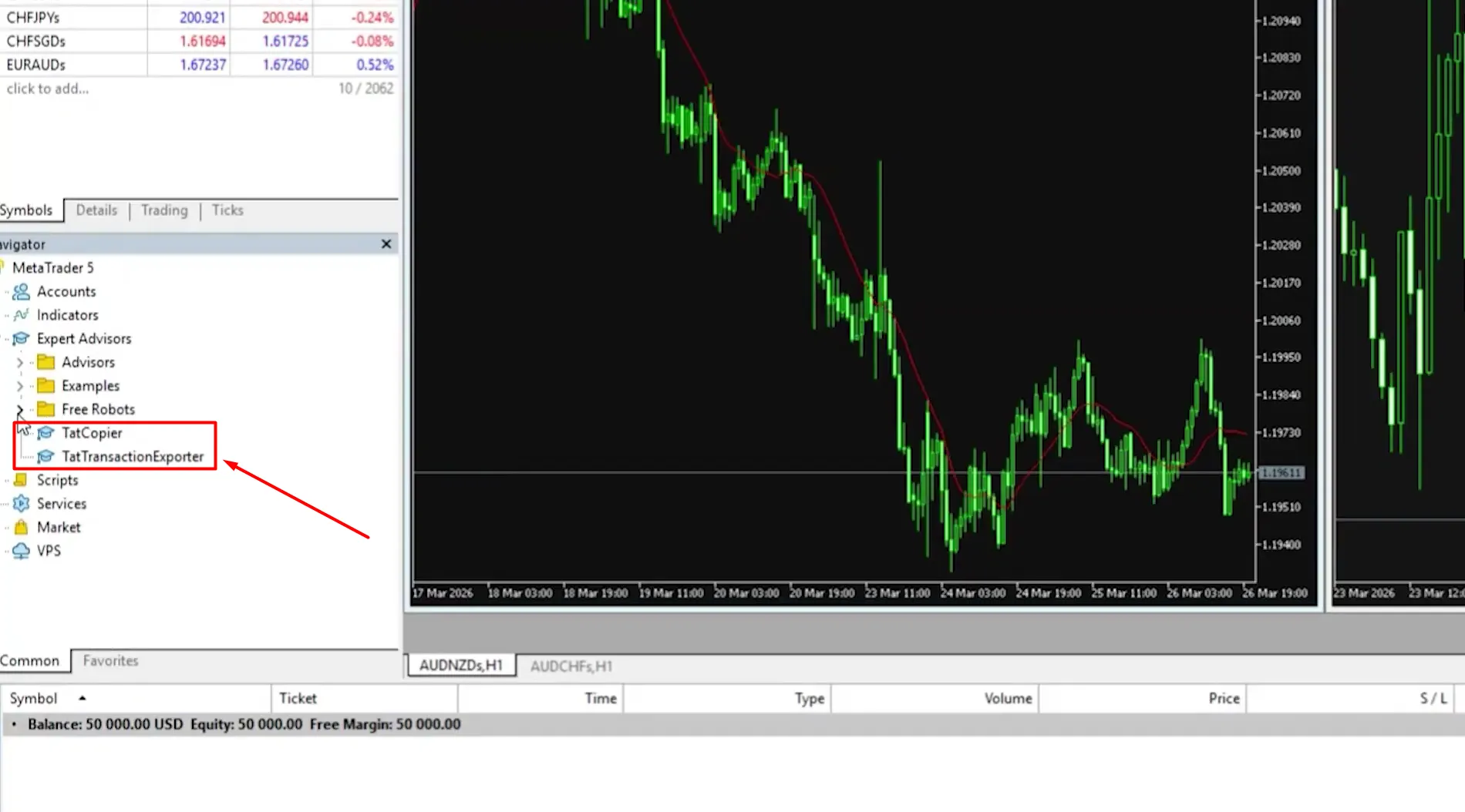 Painel Navegador do MetaTrader 5 mostrando os EAs TatCopier e TatTransactionExporter em Expert Advisors