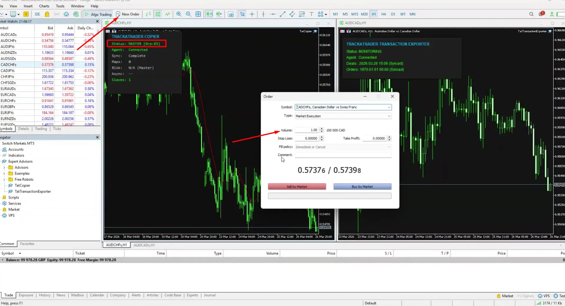 Janela Nova Ordem do MetaTrader 5 na conta principal com botões Comprar a Mercado e Vender a Mercado