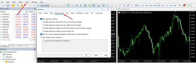 Janela Opções do MetaTrader 5 na aba Expert Advisors com configurações de negociação algorítmica