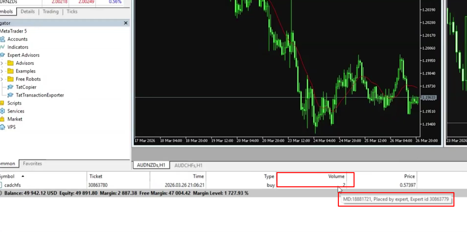 Histórico de operações do MetaTrader 5 mostrando uma ordem copiada com volume correspondente na subconta