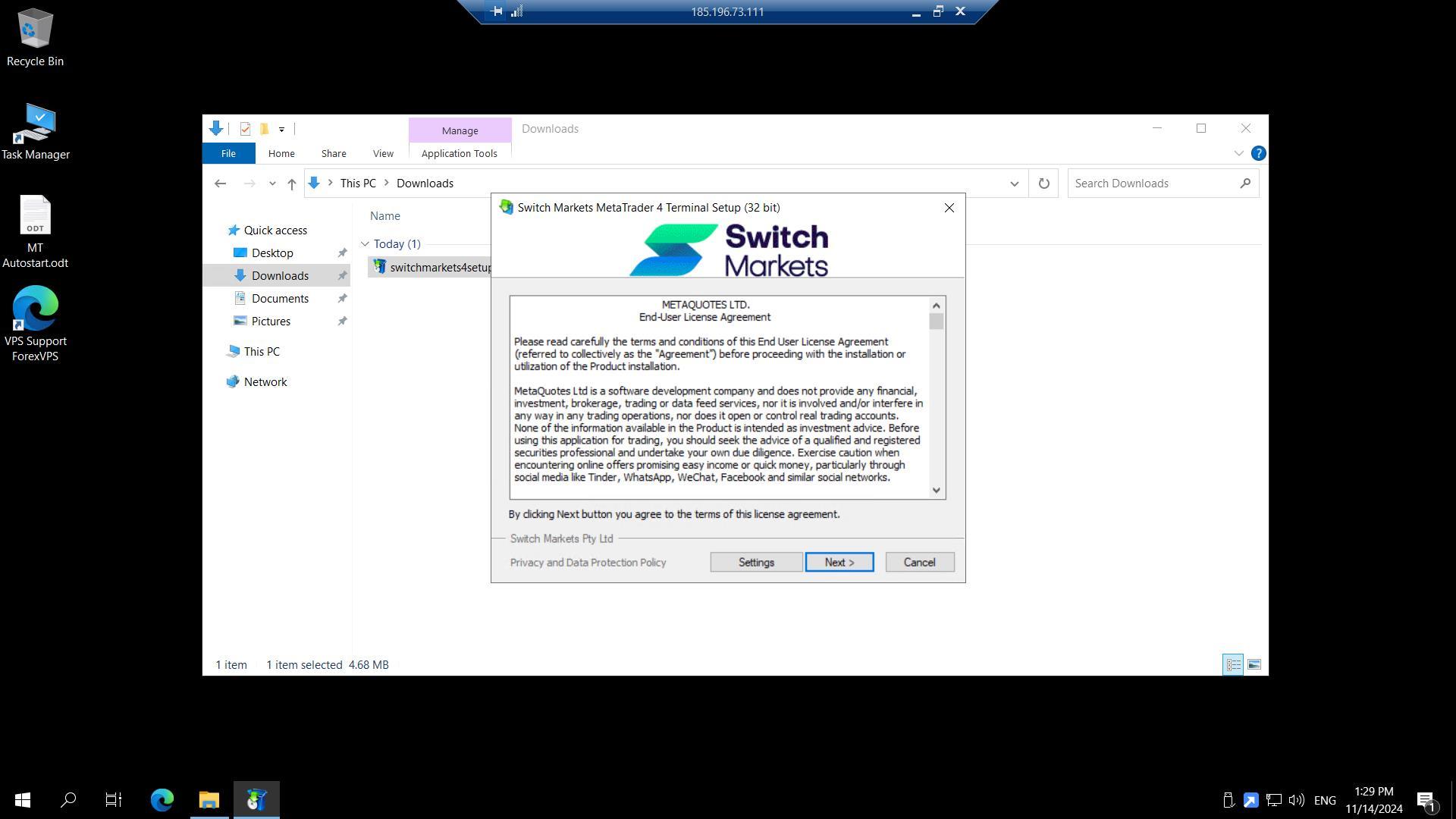 Tela de conclusão da instalação do MetaTrader 4 da Switch Markets