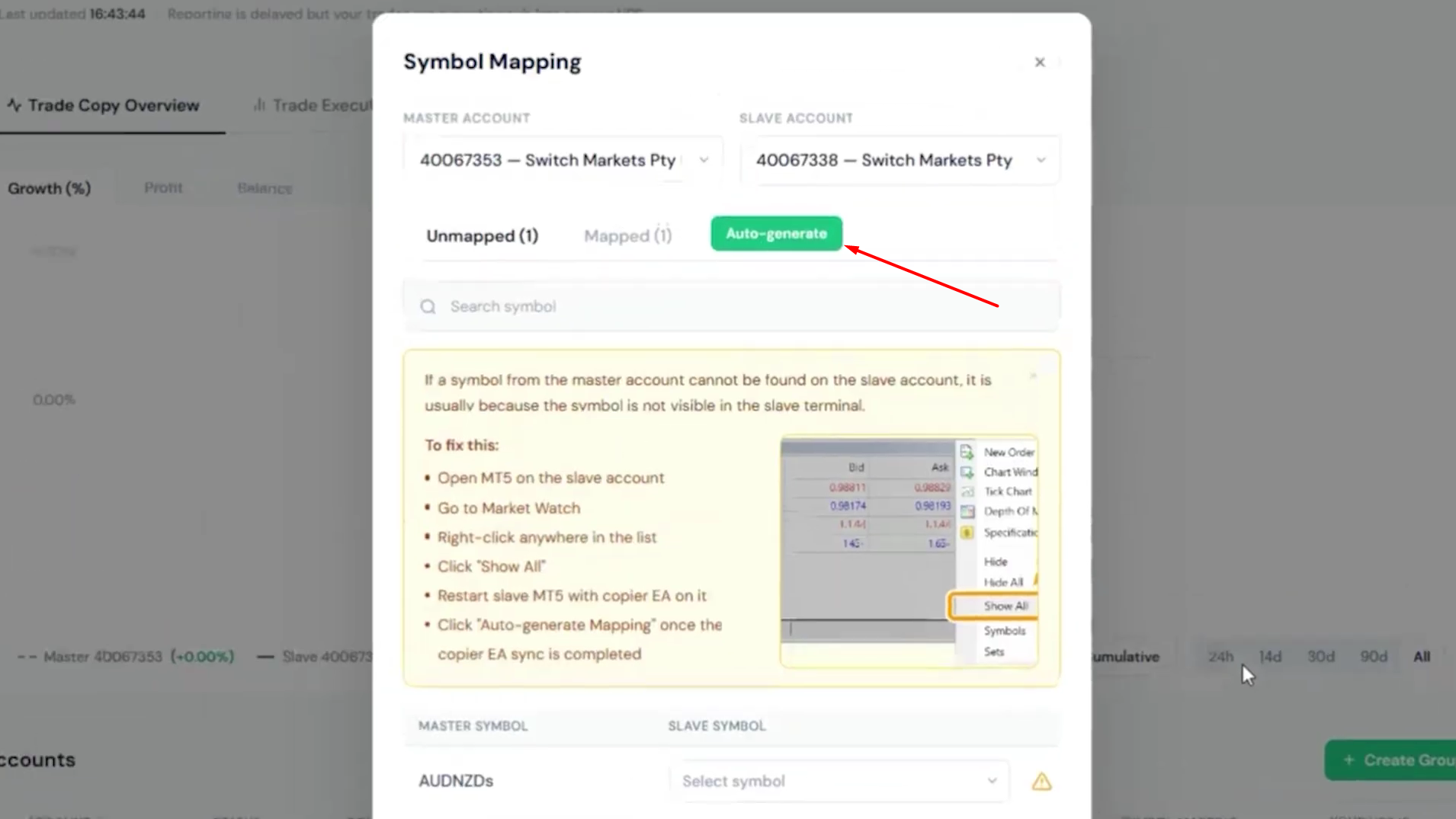 Janela Symbol Mapping com o botão Auto-generate destacado