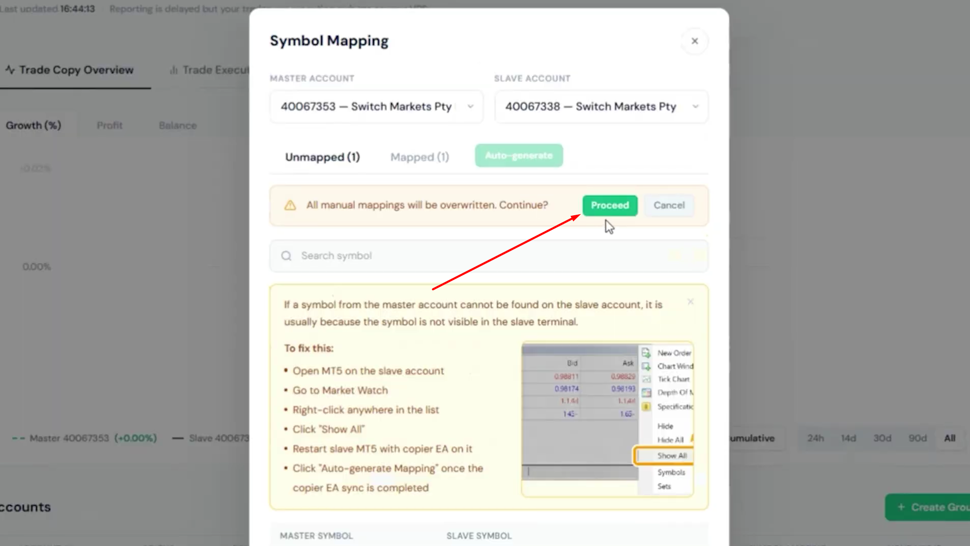 Janela Symbol Mapping confirmando a substituição dos mapeamentos manuais, com o botão Proceed destacado