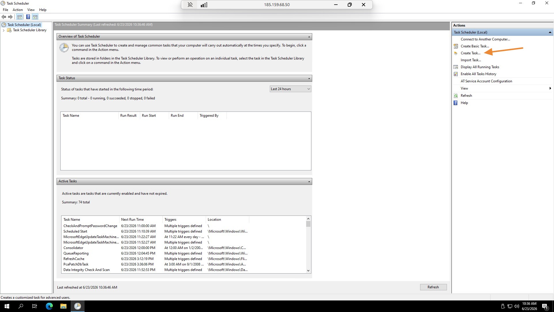 Janela do Task Scheduler com a ação Create Task em destaque