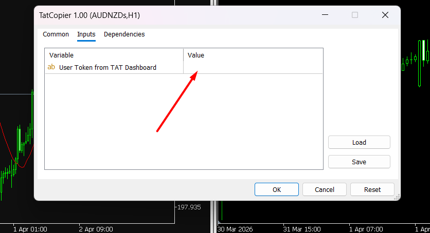 Janela Inputs do EA TatCopier com o campo User Token from TAT Dashboard vazio