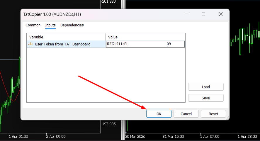 Janela Inputs do EA TatCopier com o token colado e o botão OK destacado
