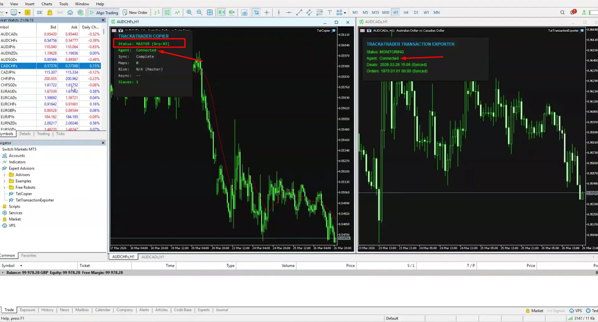 Terminais do MetaTrader 5 mostrando o status Master do TrackATrader Copier e o Transaction Exporter conectados