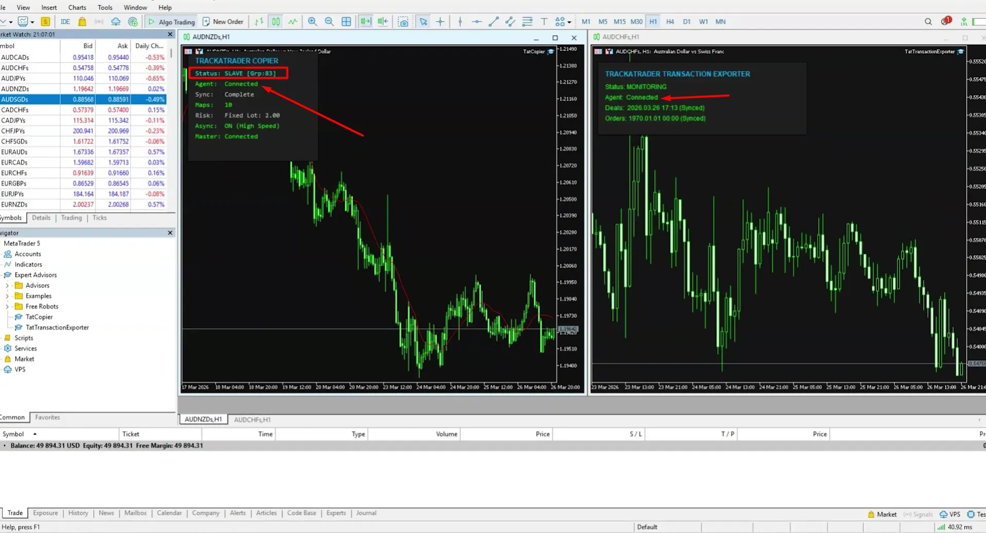 Terminais do MetaTrader 5 mostrando o status Slave do TrackATrader Copier conectado à conta principal
