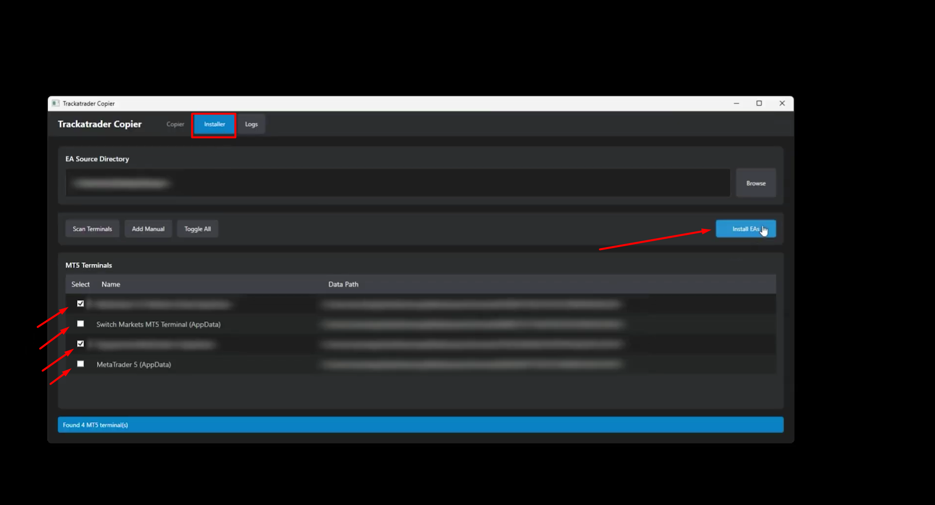 Aba Installer do aplicativo desktop Trackatrader Copier com terminais MT5 selecionados e botão Install EAs destacado