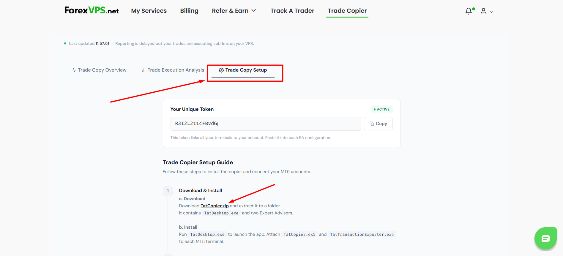 Página Trade Copy Setup destacando a aba Trade Copy Setup e o link para download do TatCopier.zip