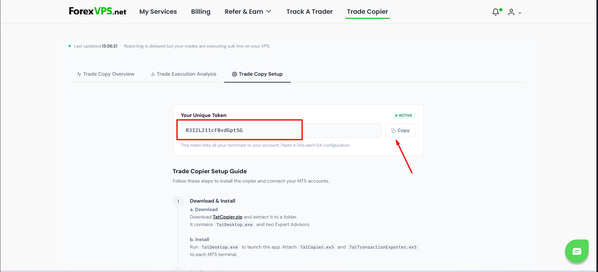 Página Trade Copy Setup com o campo de token exclusivo destacado
