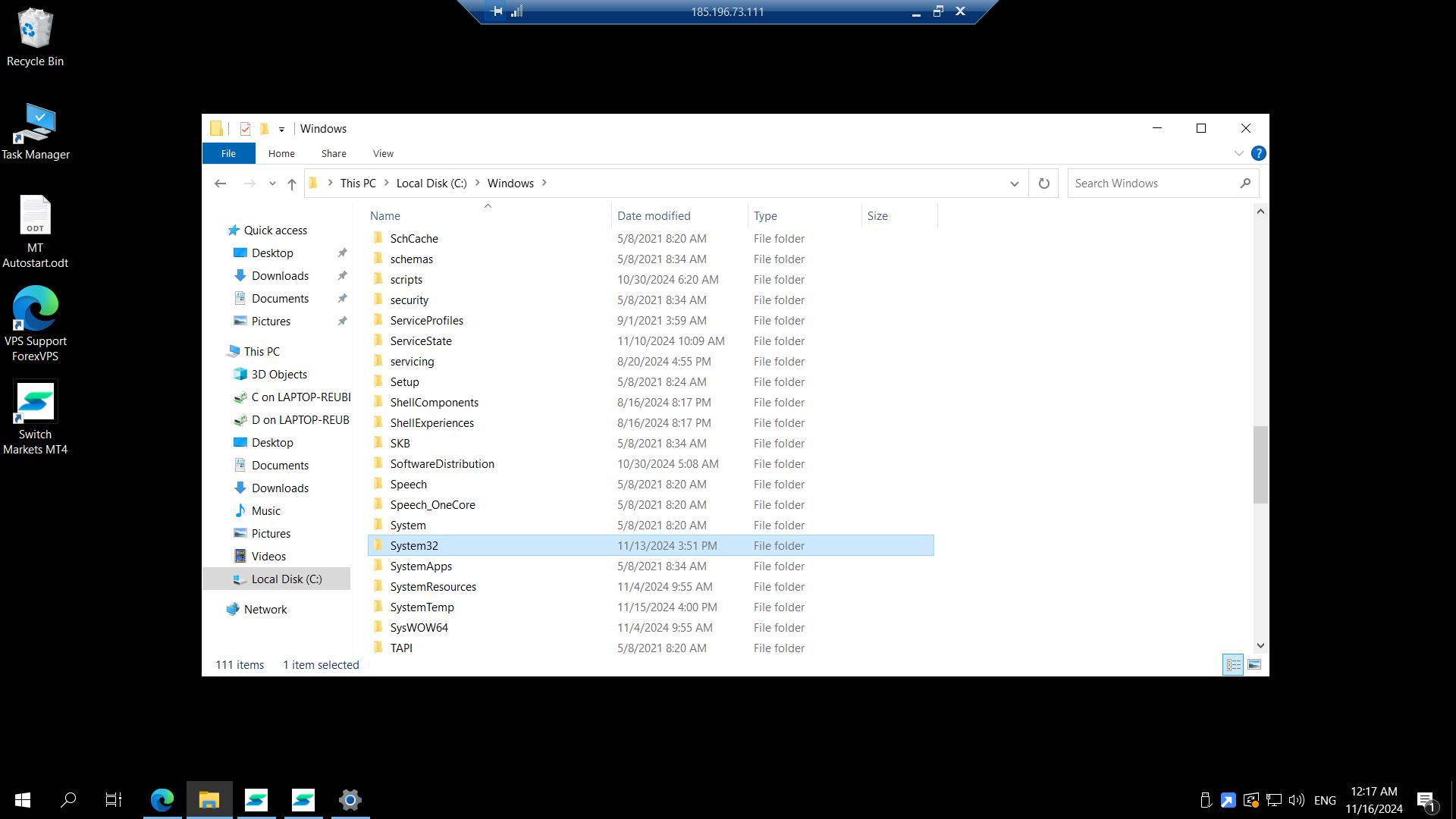 Pasta Windows com a pasta System32 destacada
