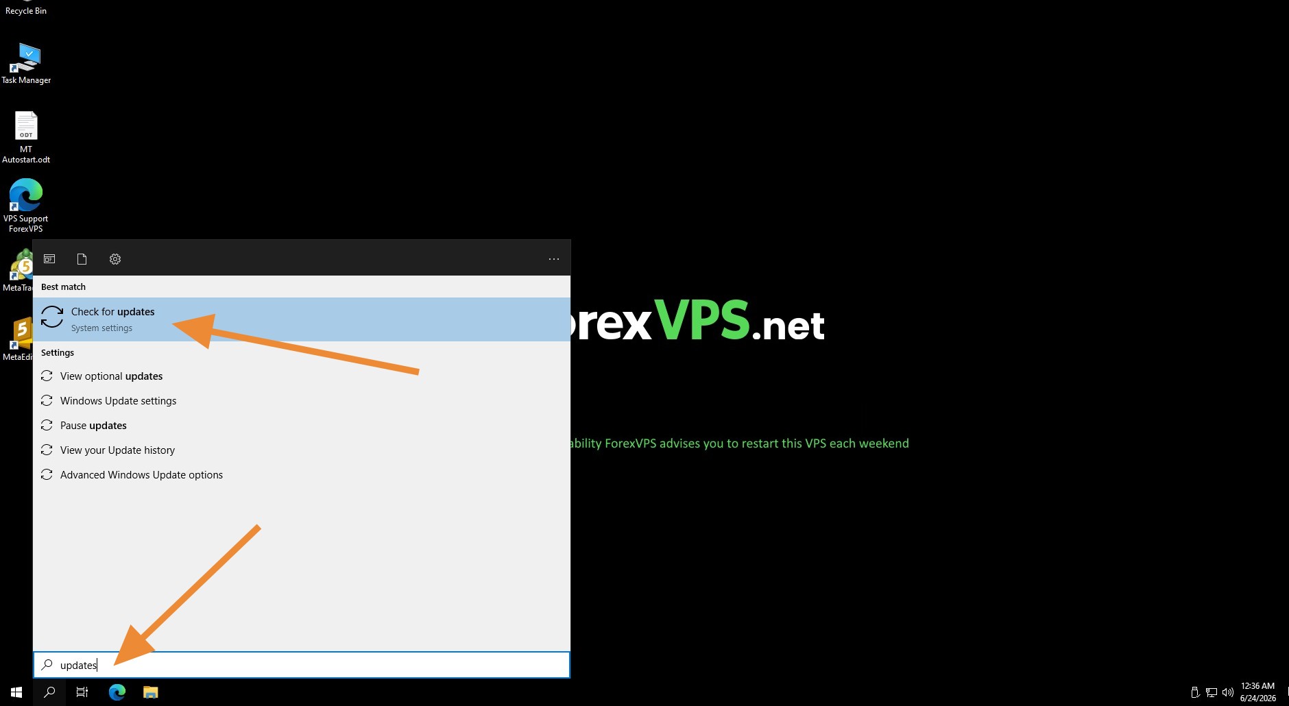 Resultados da pesquisa do Windows por updates com Check for updates destacado