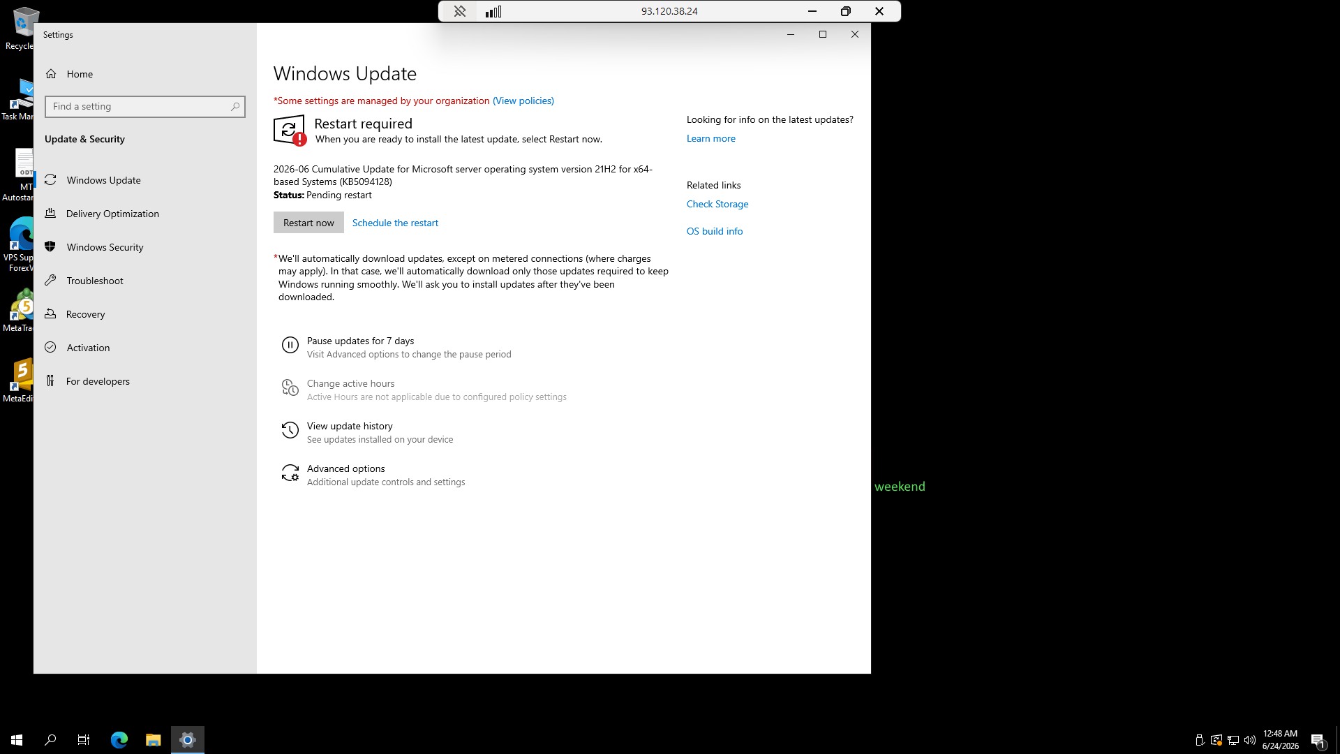 Página de configurações do Windows Update com o botão Restart now