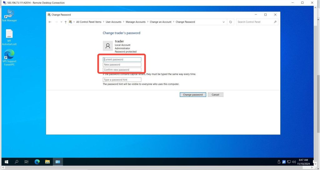 Change Password form with password fields highlighted