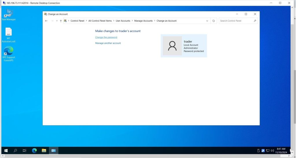 Change an Account page with Change the password link
