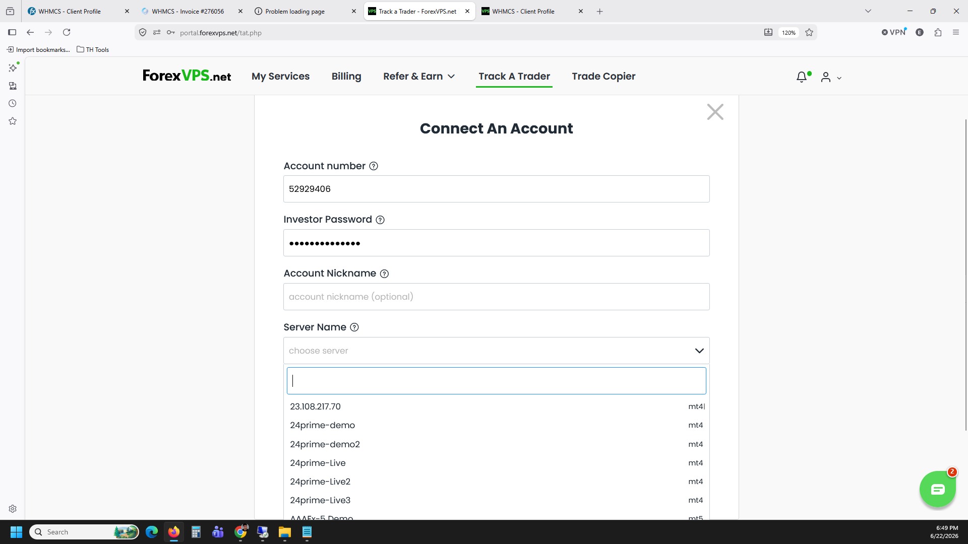 Connect An Account form Server Name dropdown open showing full server list
