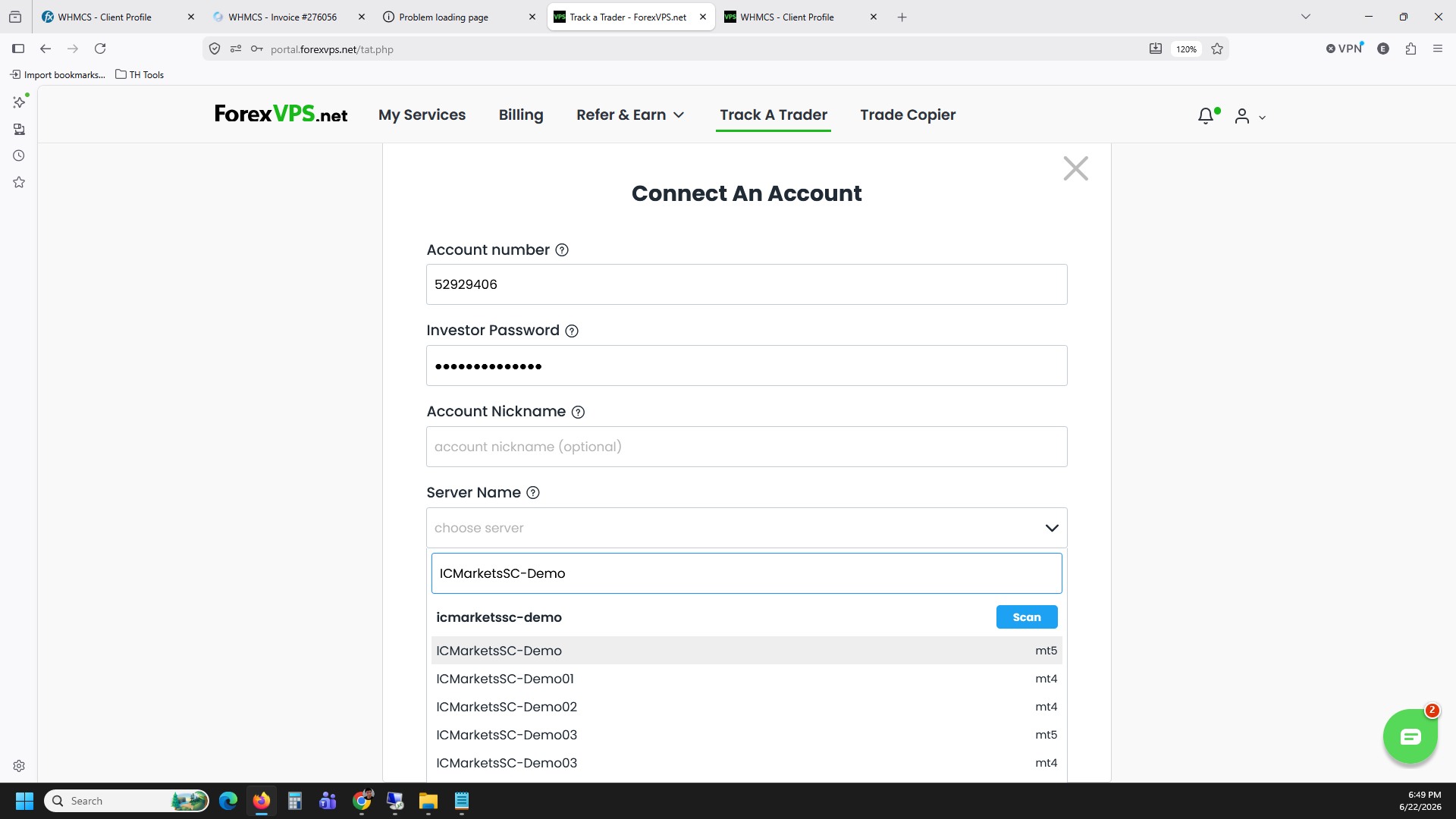Connect An Account form Server Name search filtered to ICMarketsSC-Demo