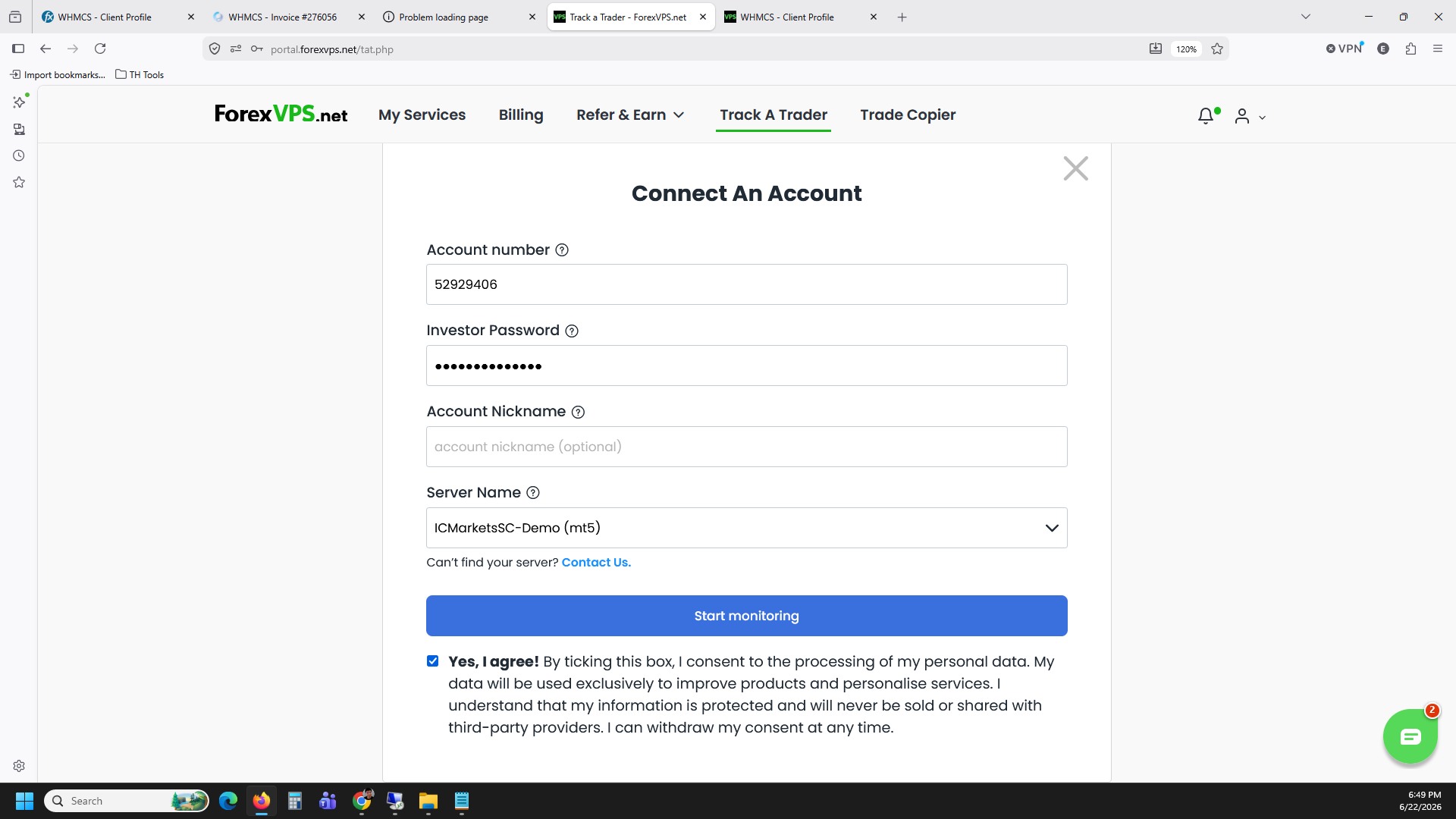 Connect An Account form with consent checkbox checked