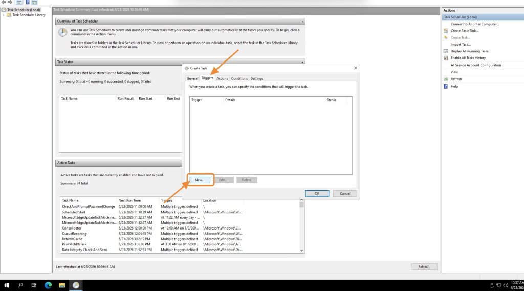 Create Task Triggers tab with New button highlighted