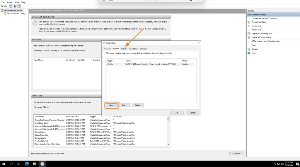 Create Task dialog with configured trigger and Actions tab highlighted